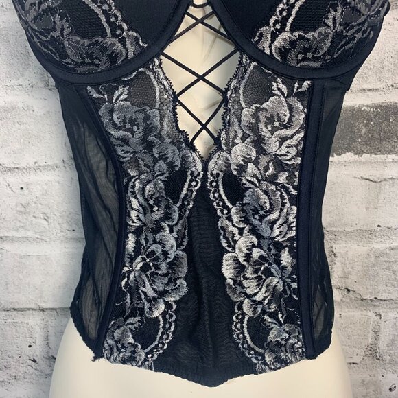 La Senza Bustier Corset Top Black Mesh Silver Metallic Lace - Picture 3 of 12